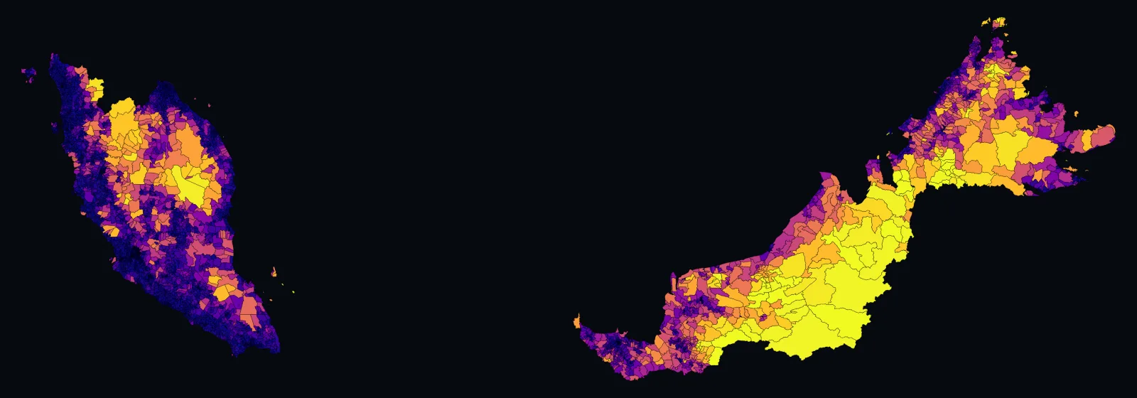 Map of Malaysia's 7,748 polling districts shaded by the share of each district's area without 4G. The highest shares are in the large inland districts of Sarawak and Sabah; the Peninsula's west coast is mostly covered.